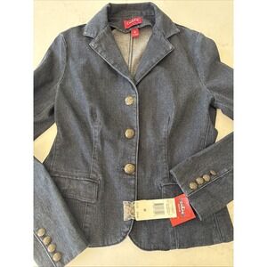 Chaps Denim Womens M Jean Jacket Dark Wash Denim Blazer Buttons Vtg Stretch New